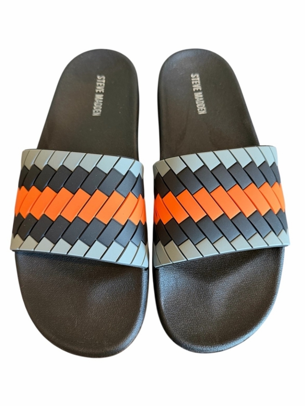 Steve Madden NWOB Black Slide Sandals with Orange & Gray Woven Straps